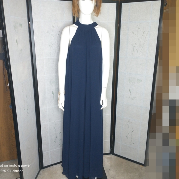 BUCKETLIST Pants - Elegant Formal Navy Blue Wide Leg Chiffon Jumpsuit By Prelude Size L